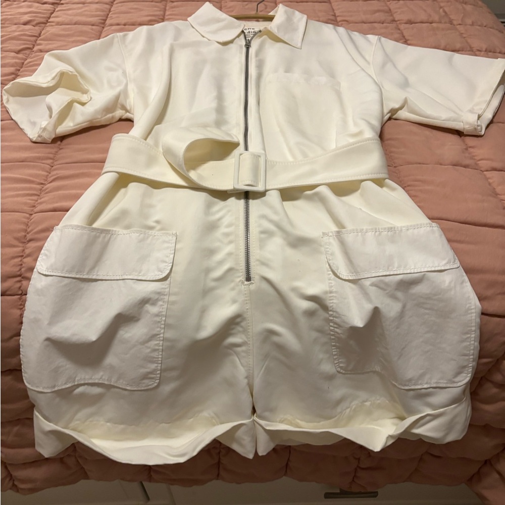 Acne Studios white loose fit belted zip front cuffed leg romper